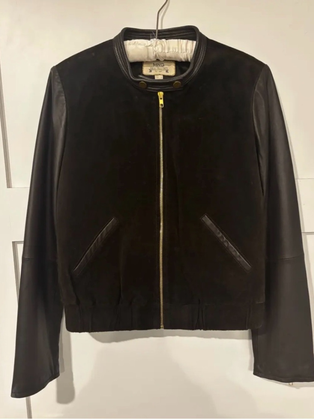 MNG Mango Mixed Media‎ Leather & Suede Bomber Jacket Deep Chocolate Brown/Gold M